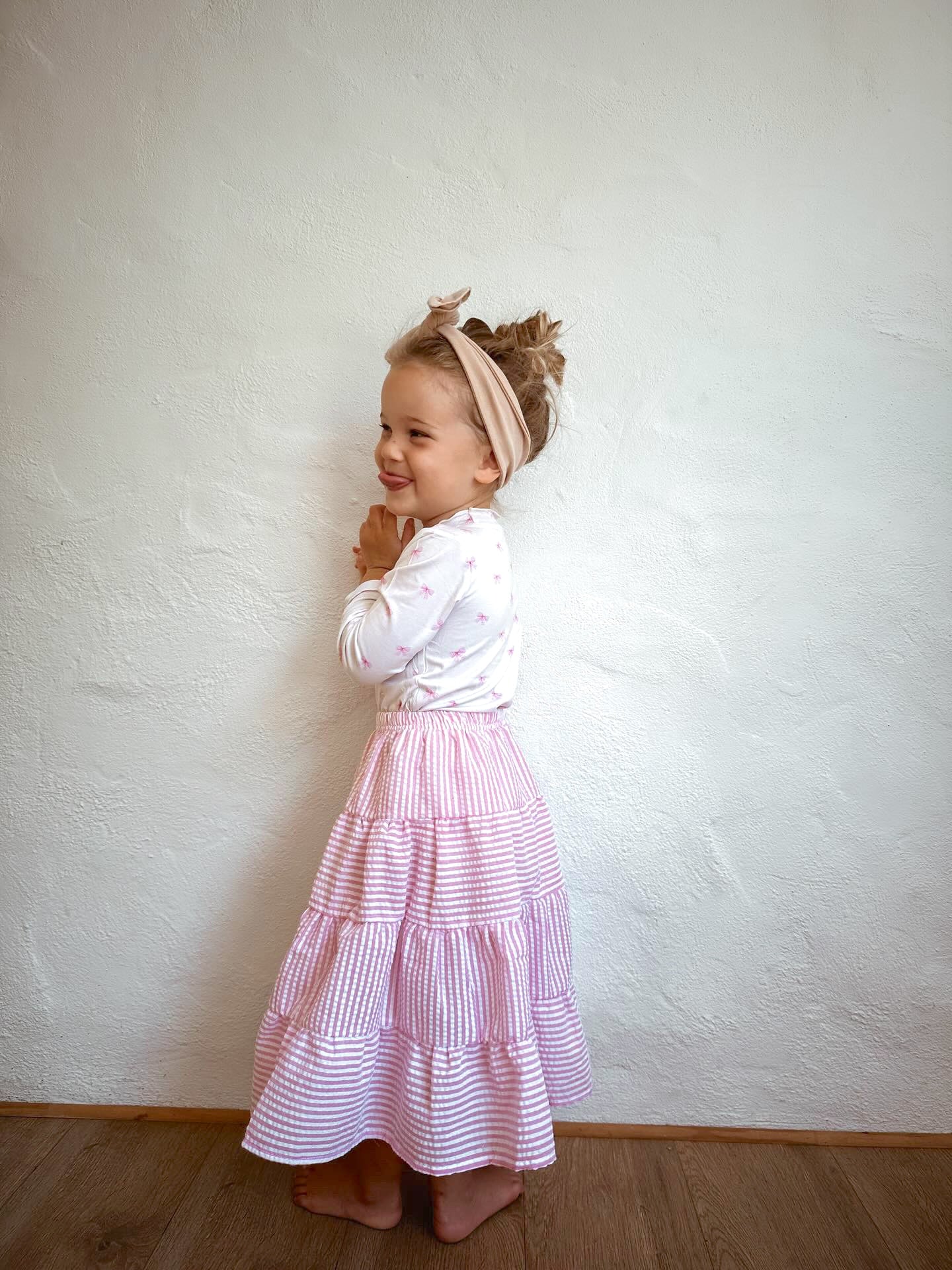 Seersucker Midi Tiered Skirt - Sweet Pink