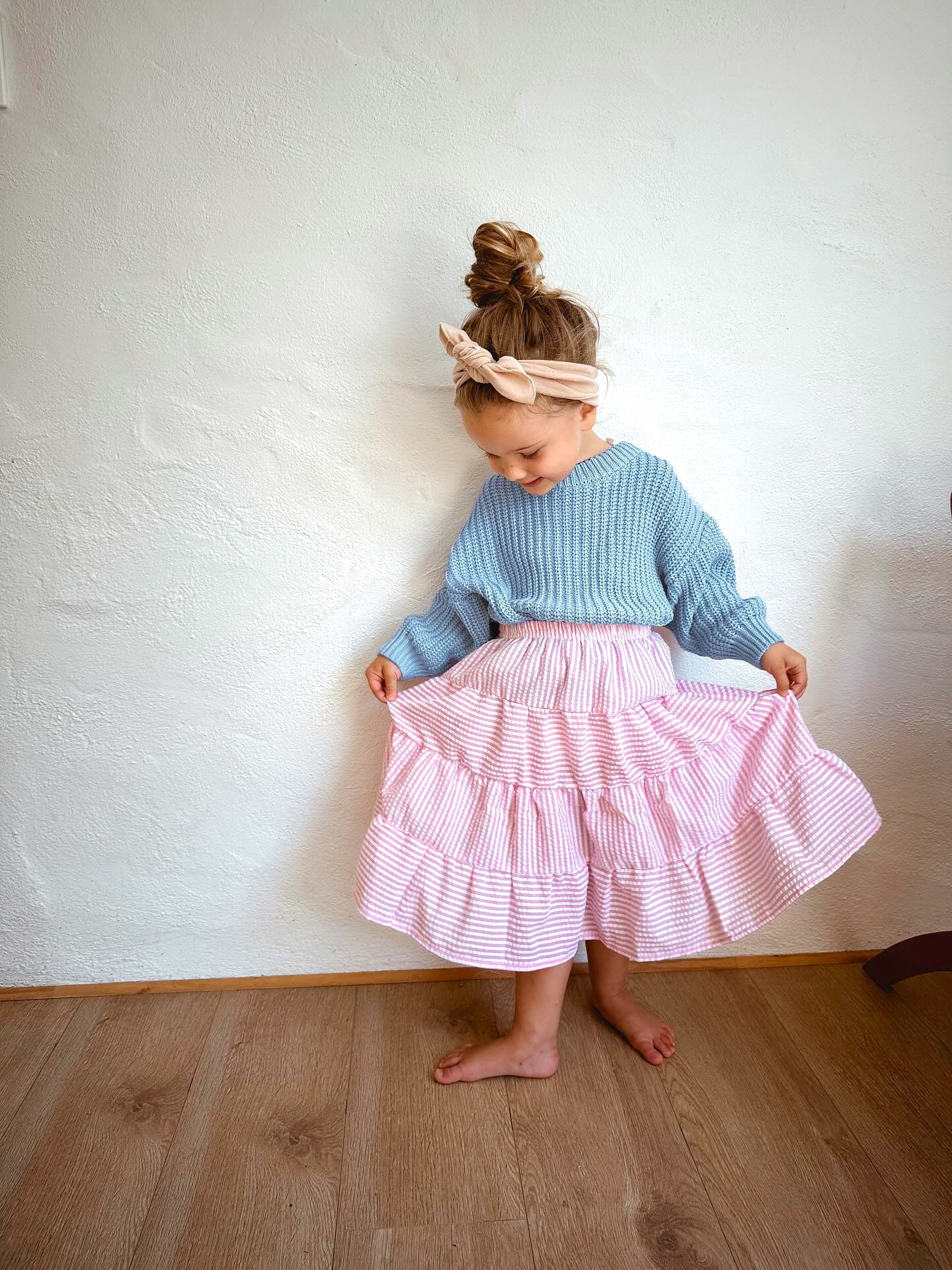 Seersucker Midi Tiered Skirt - Sweet Pink