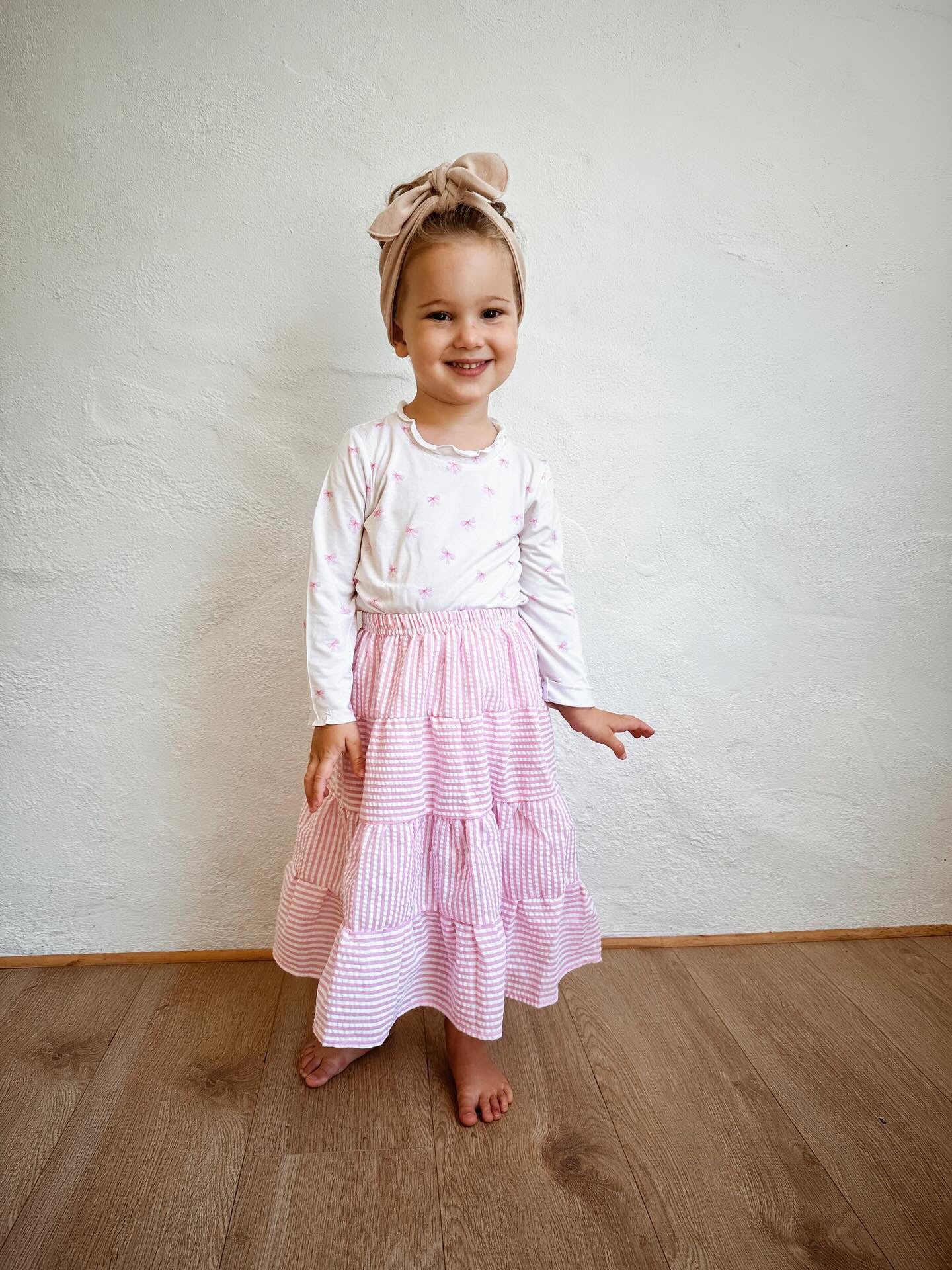 Seersucker Midi Tiered Skirt - Sweet Pink