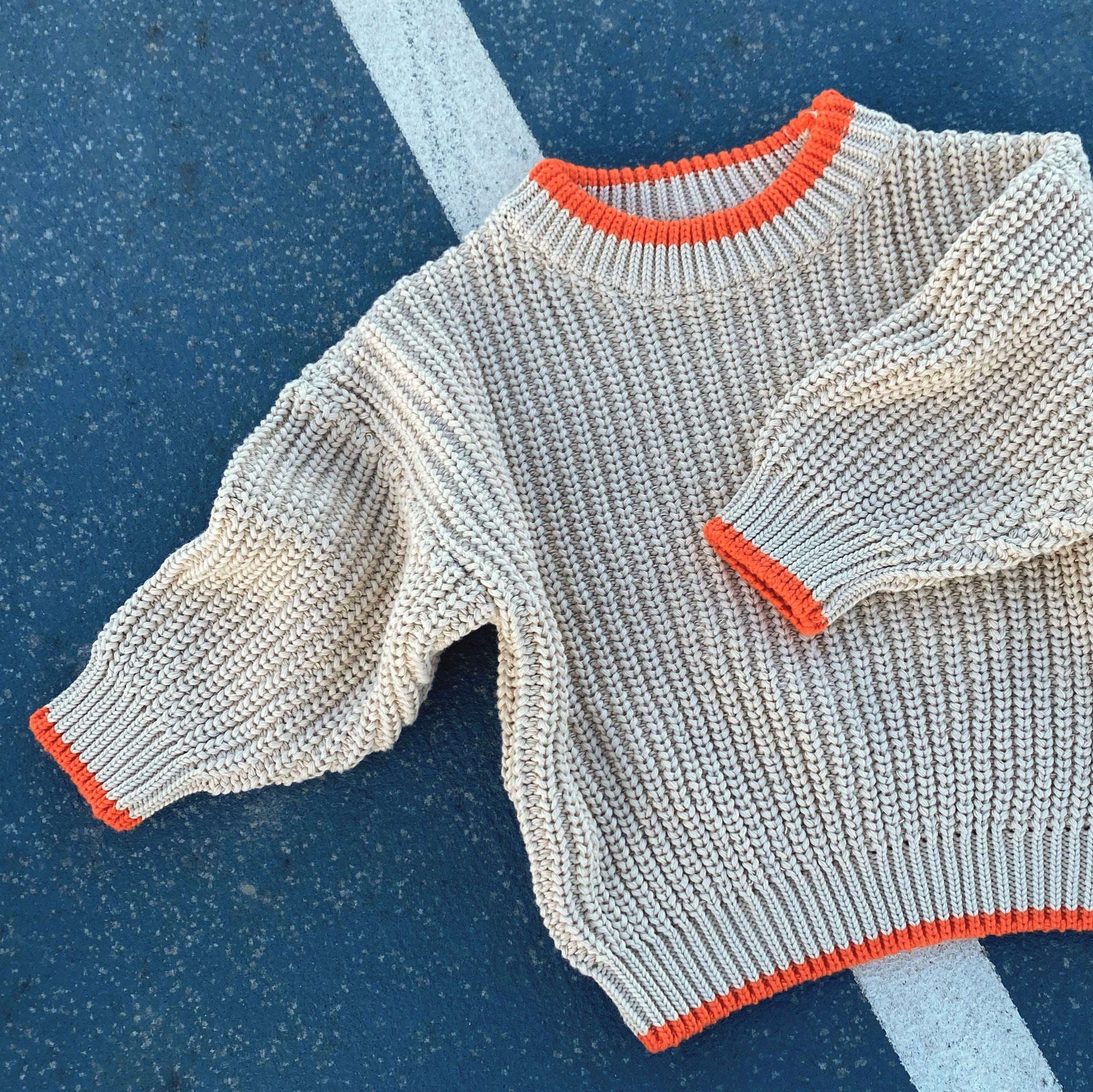 Contrast Trim Chunky Knit Pullover - Beige/ Orange