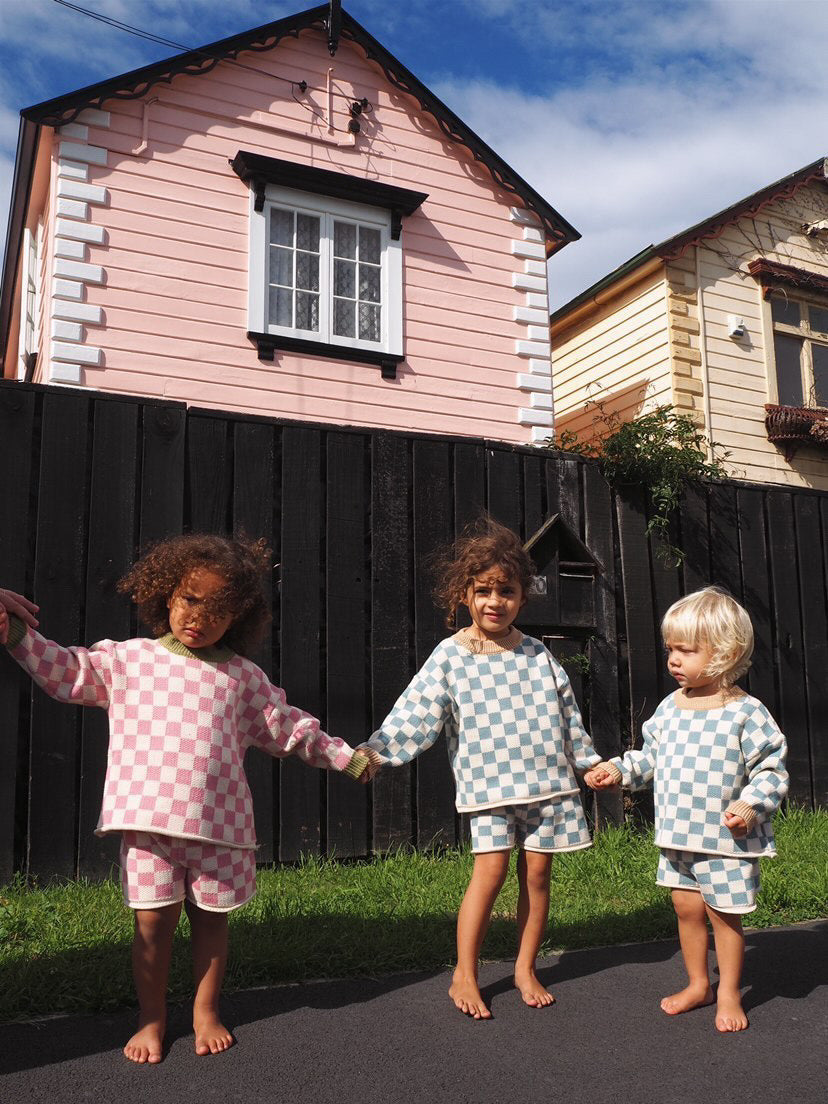 Checkerboard Knit Shortie - Teal bel & bow