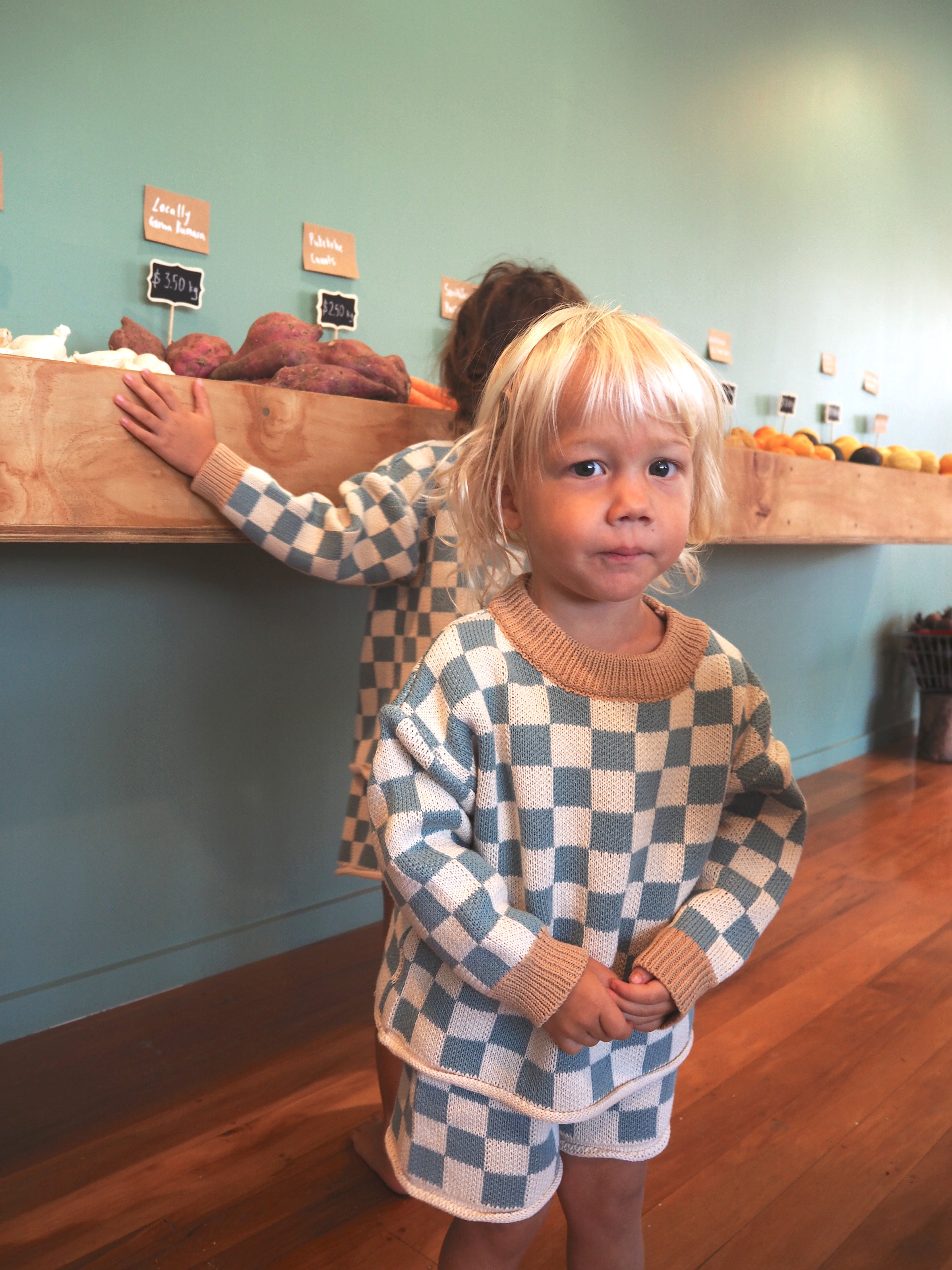 Checkerboard Knit Shortie - Teal bel & bow