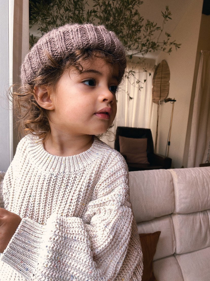 Chunky Knit Pullover - Speckle Cream bel & bow