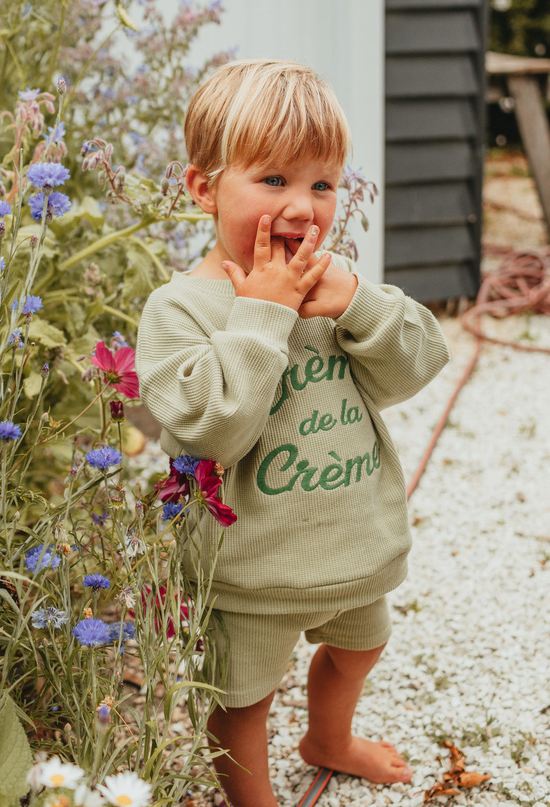 Crème de la Crème Waffle Jumper & Bike Short Set - Pistachio bel & bow