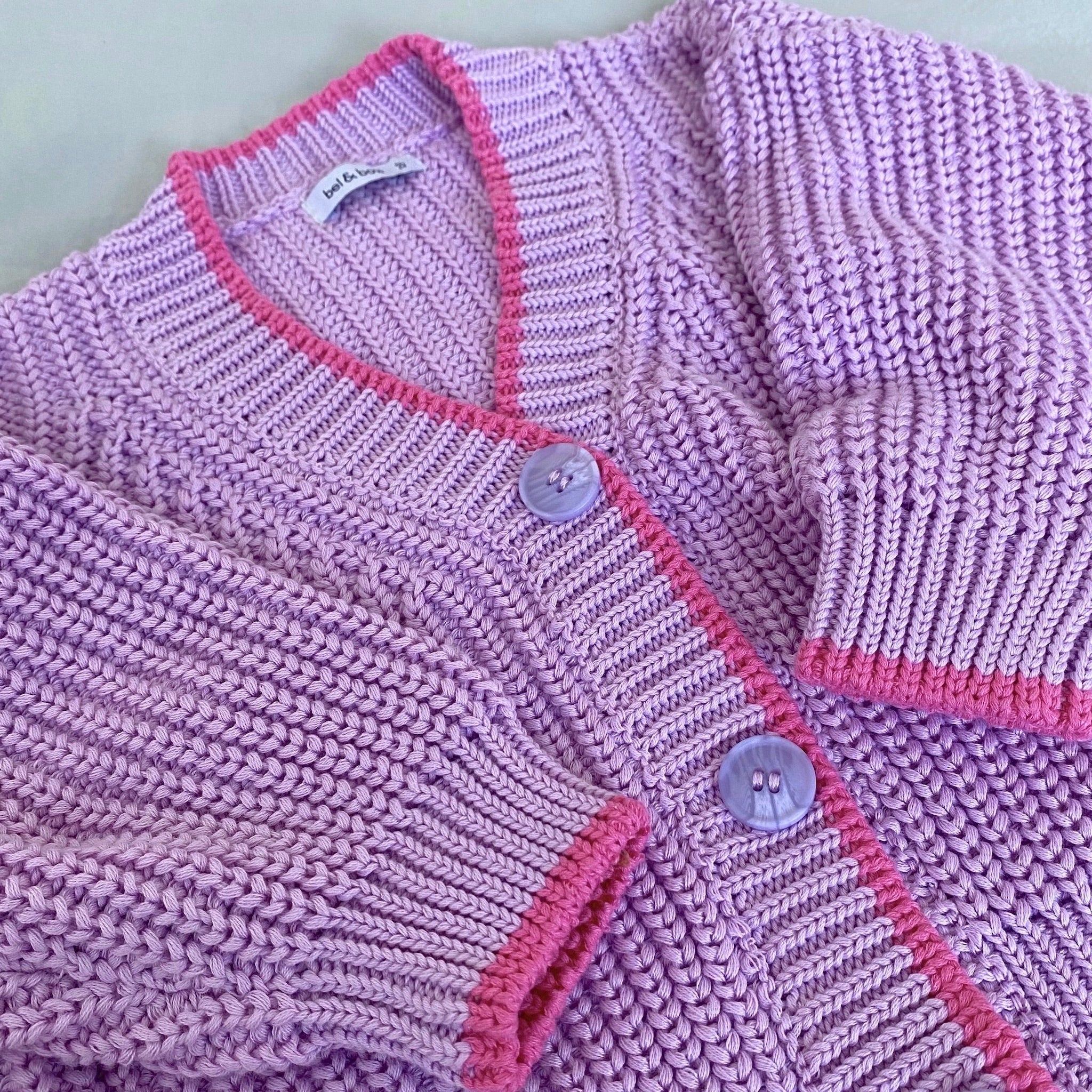 Contrast Trim Chunky Knit Cardigan - Lavender/ Pink