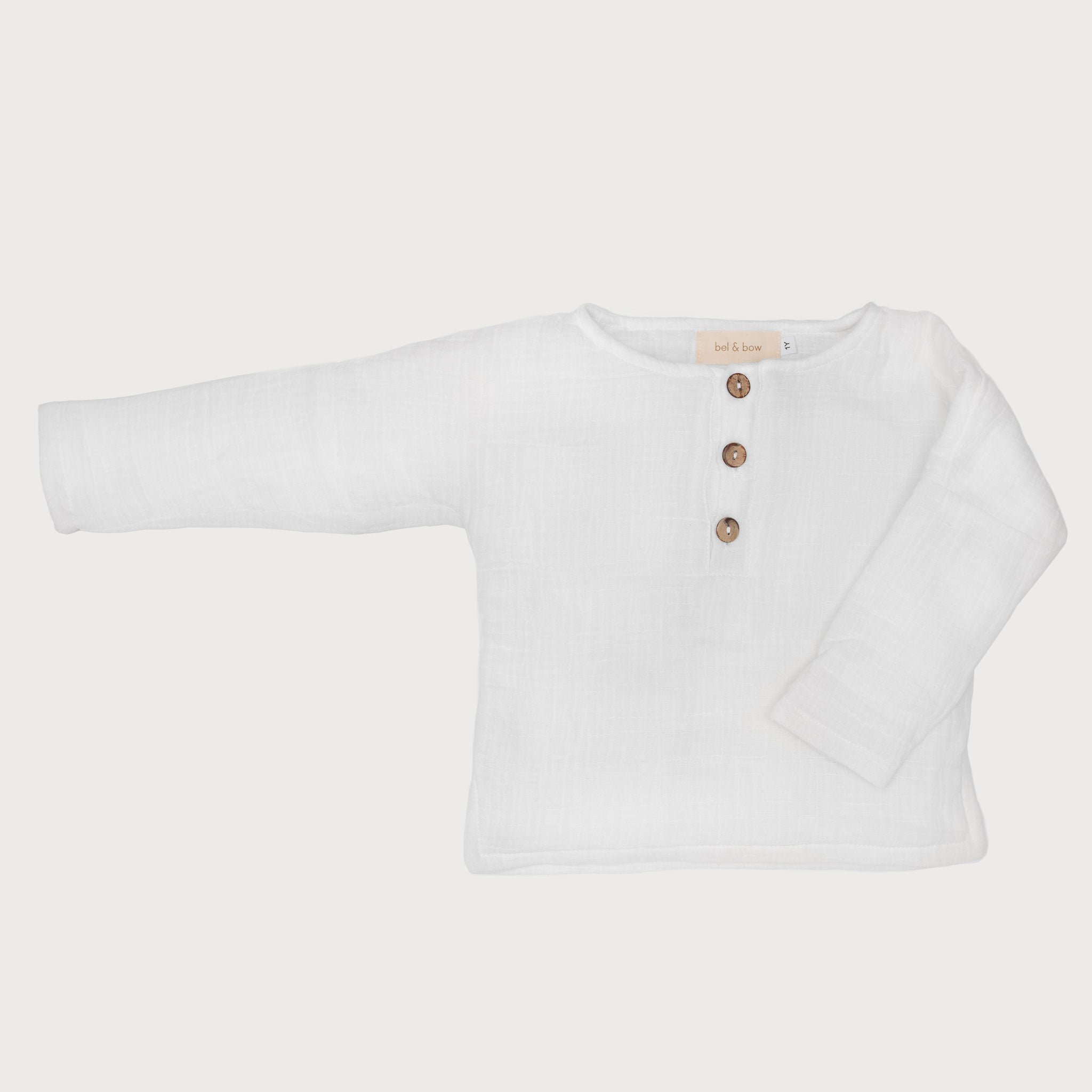 Long Sleeve Textured Cotton Henley Top - White bel & bow