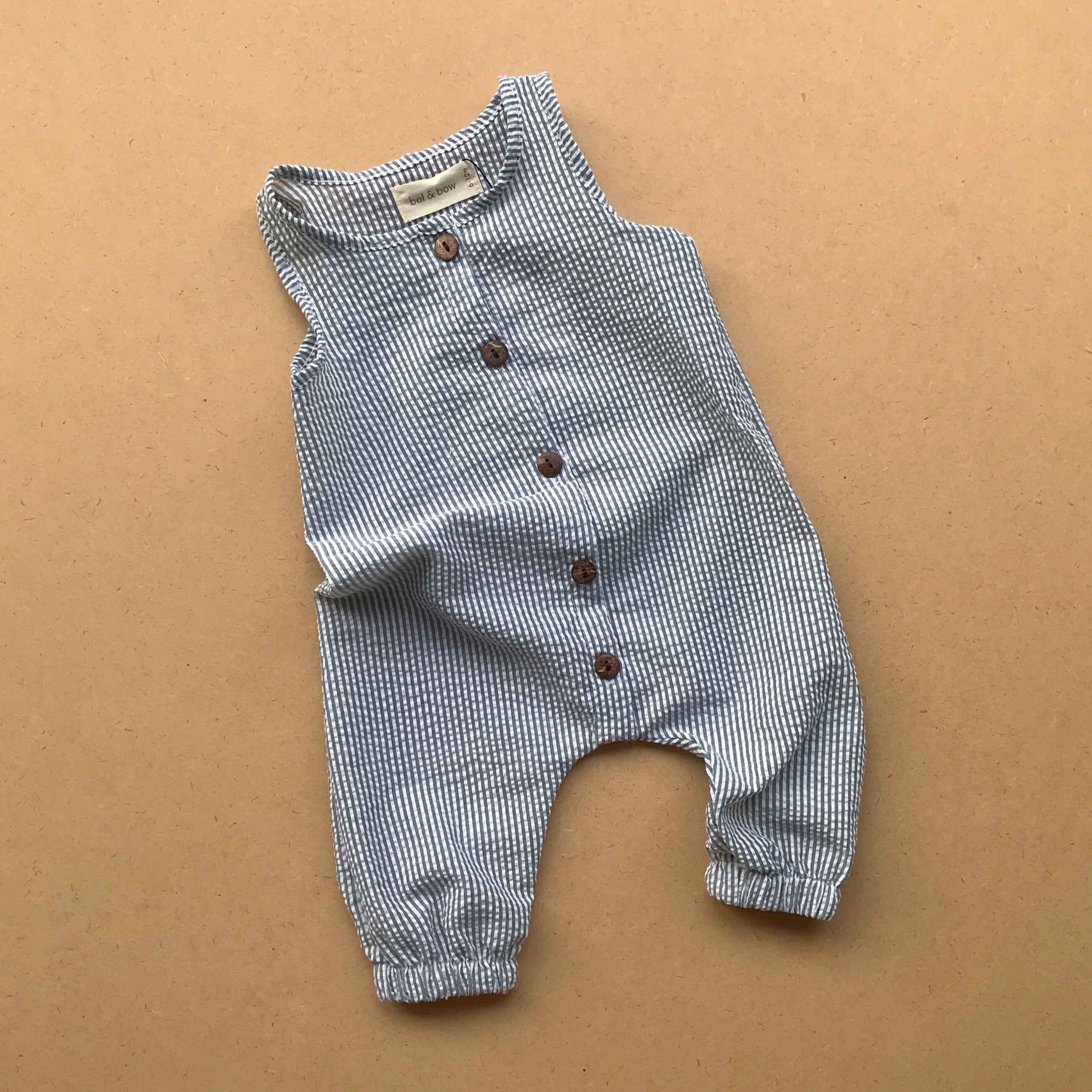 Seersucker Jumpsuit - Duck Egg Blue Stripe bel & bow