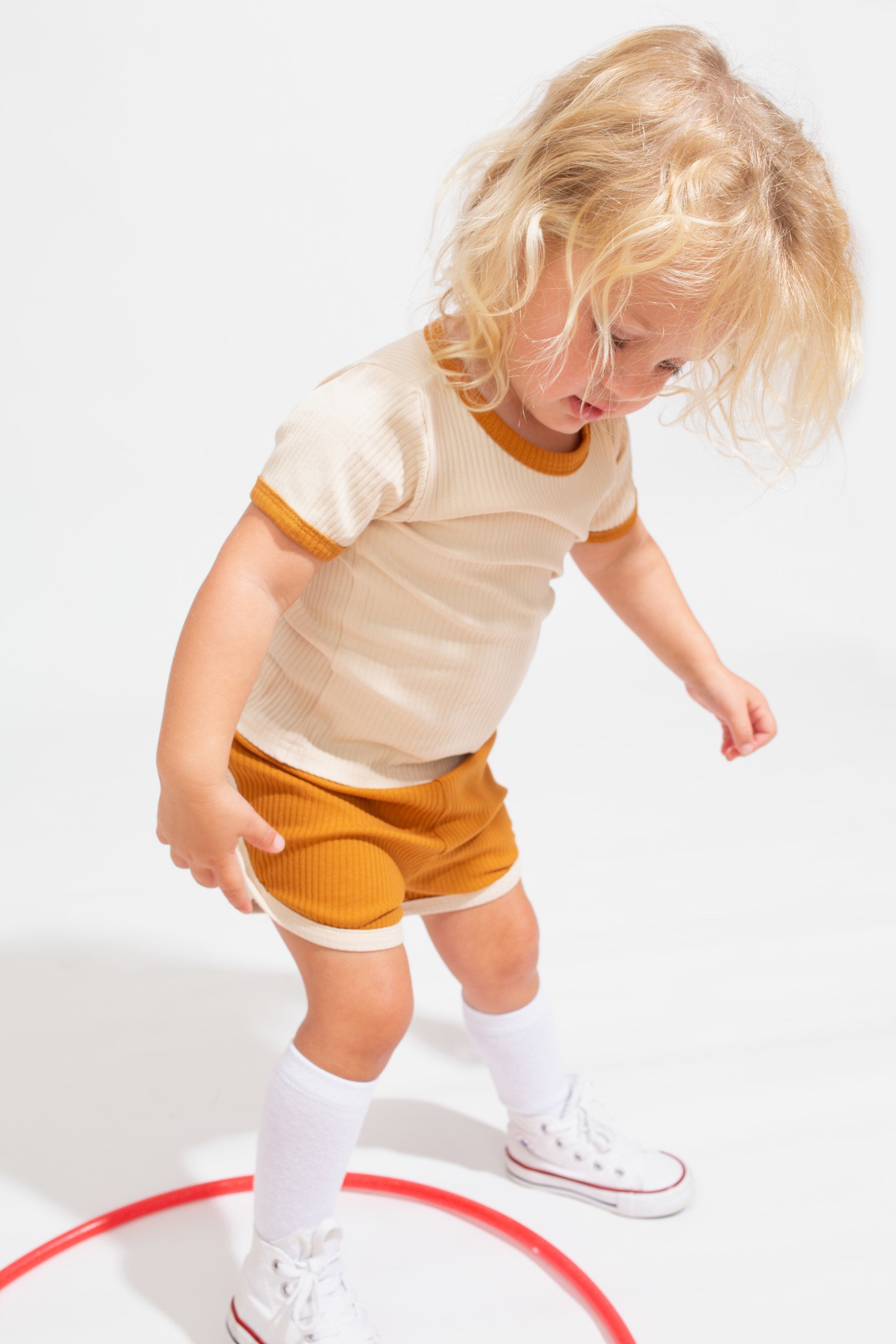 Retro Ringer Ribbed Tee - Oatmeal with Mustard Binds bel & bow