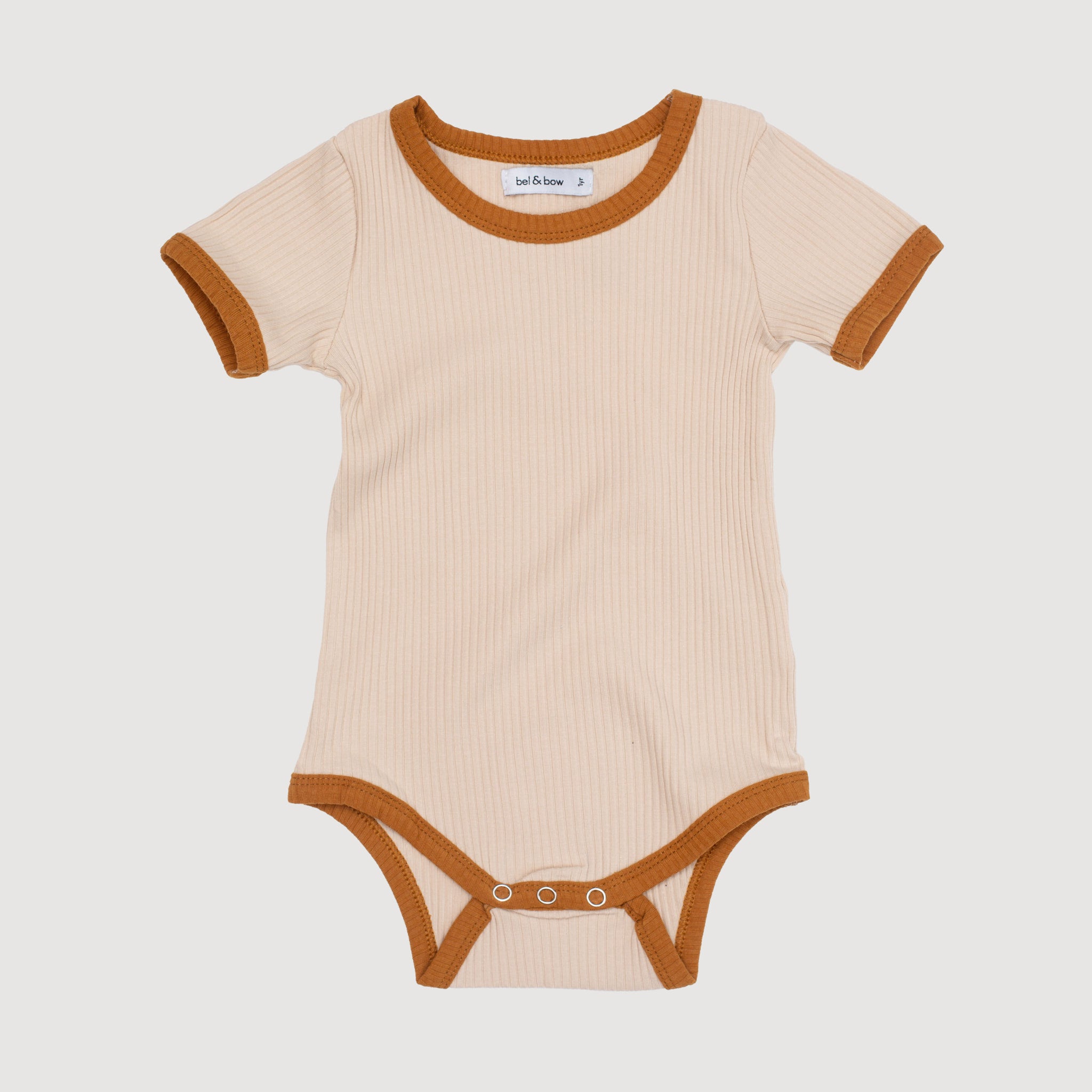 Retro Ringer Ribbed Bodysuit - Oatmeal with Mustard Binds bel & bow