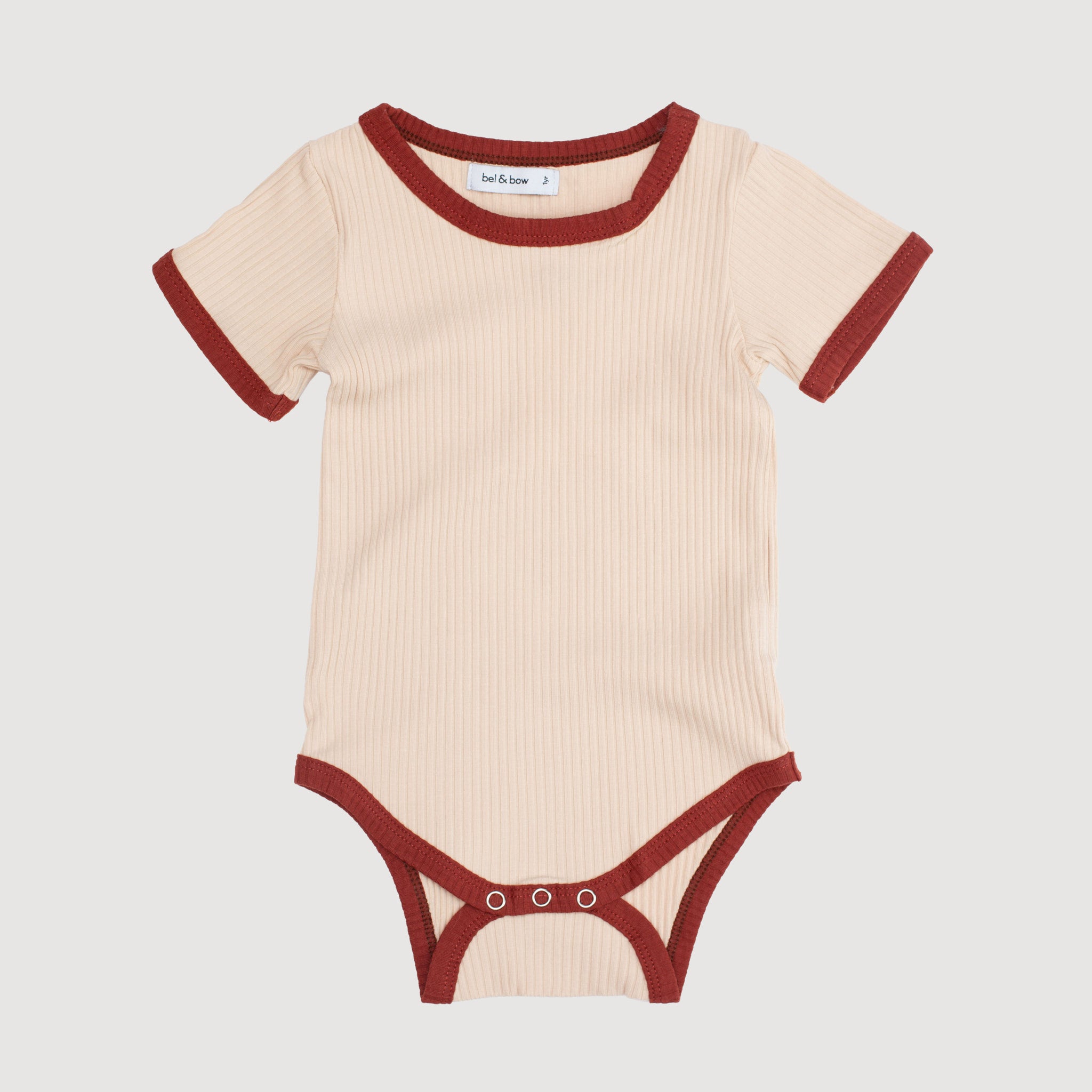 Retro Ringer Ribbed Bodysuit - Oatmeal with Rust Binds bel & bow