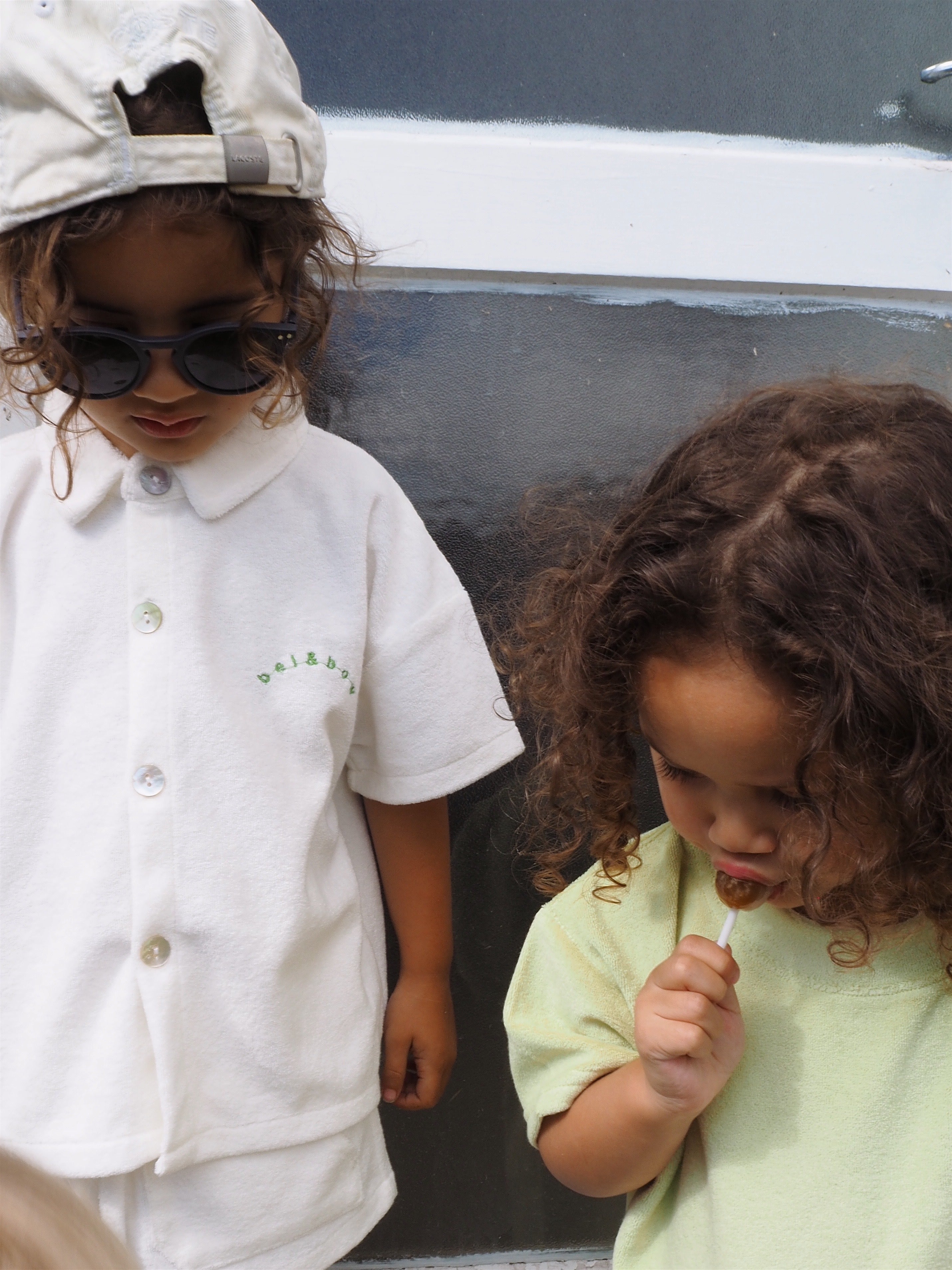 Terry Towel Button Up Shirt & Short Set - White bel & bow