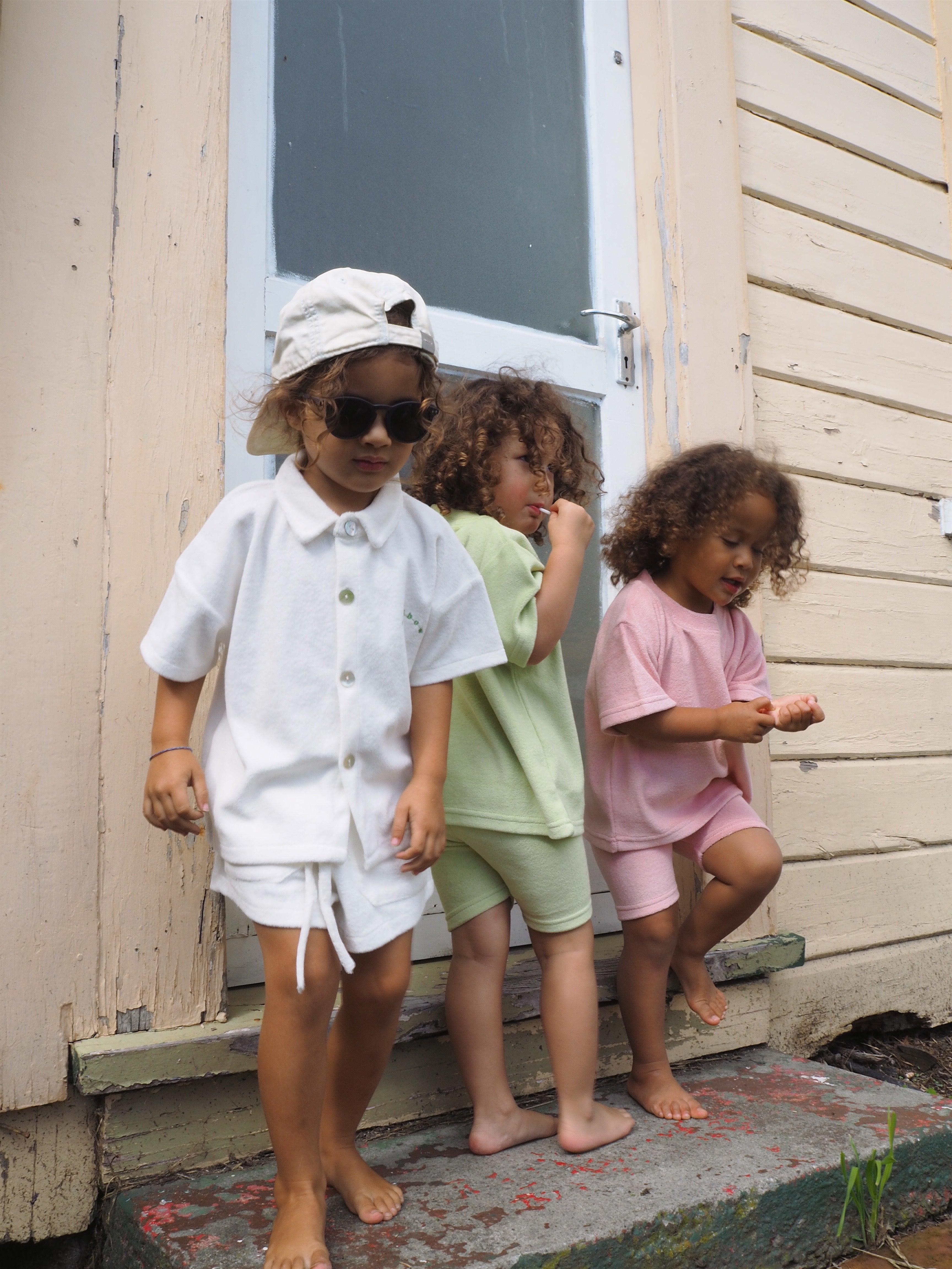 Terry Towel Button Up Shirt & Short Set - White bel & bow