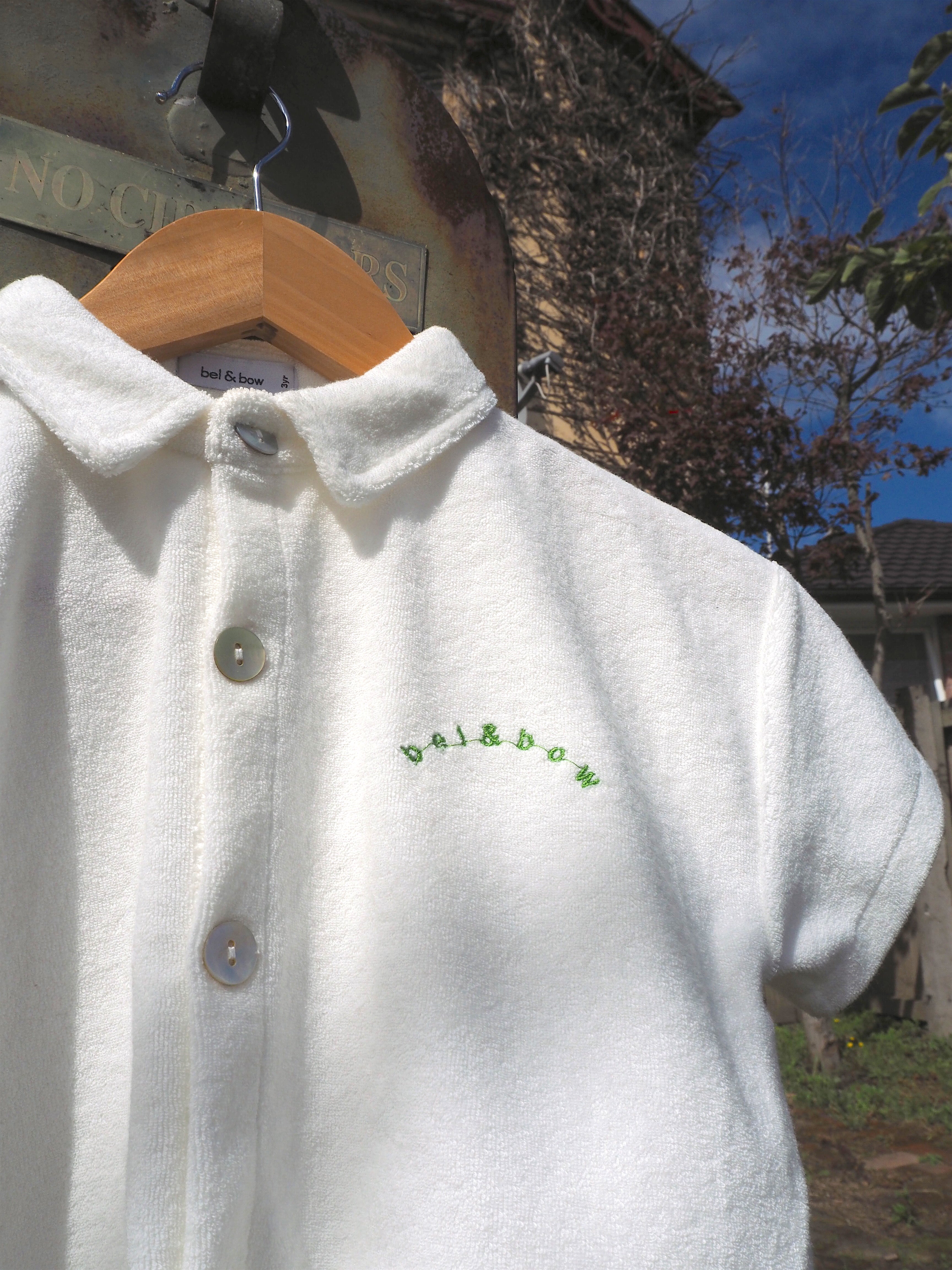 Terry Towel Button Up Shirt & Short Set - White bel & bow