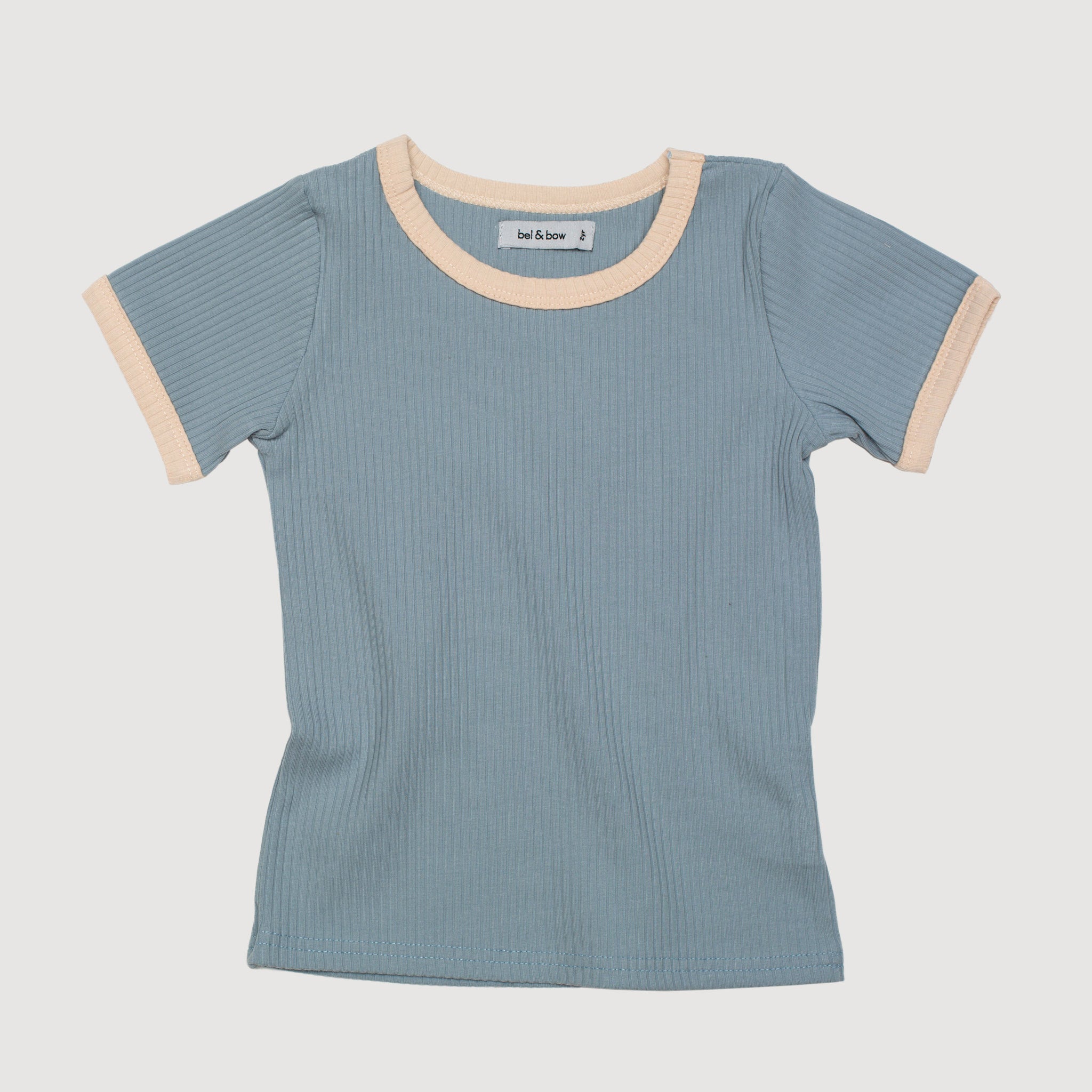 Retro Ringer Ribbed Tee - Dusty Blue bel & bow